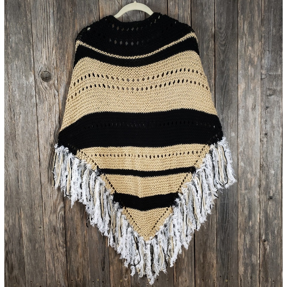 NEW Black Beige Knit Shawl‎ Wrap Boho Indie Artsy Festival Cottage Hippie Chic - Picture 5 of 9